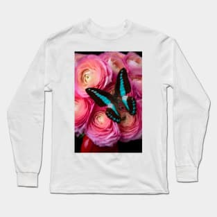 Blue Butterfly On Pink Ranunculus Long Sleeve T-Shirt